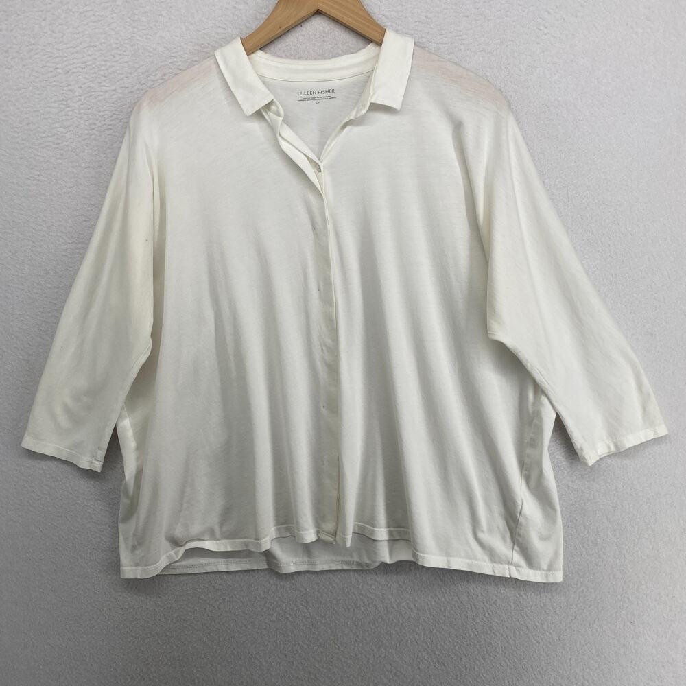 EILEEN FISHER Top S Organic Cotton Jersey Shirt Hidden Button Up White USA